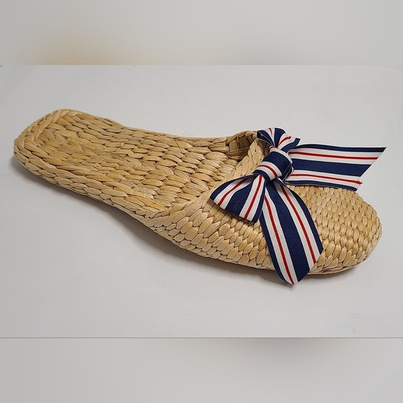 Shoes - Handmade Natural Rattan Mule Slippers with Red, White & Blue Grosgrain Bow Sz L